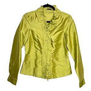 J. McLaughlin 100% Silk Shirt Size 4 Green Ruffle Neck Front Button Long Sleeve
